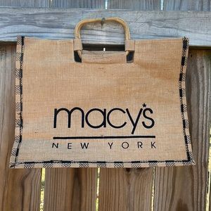 Vintage Macy's Reusable Canvas Shopping Bag Tote Bamboo Wood Handles 15X12